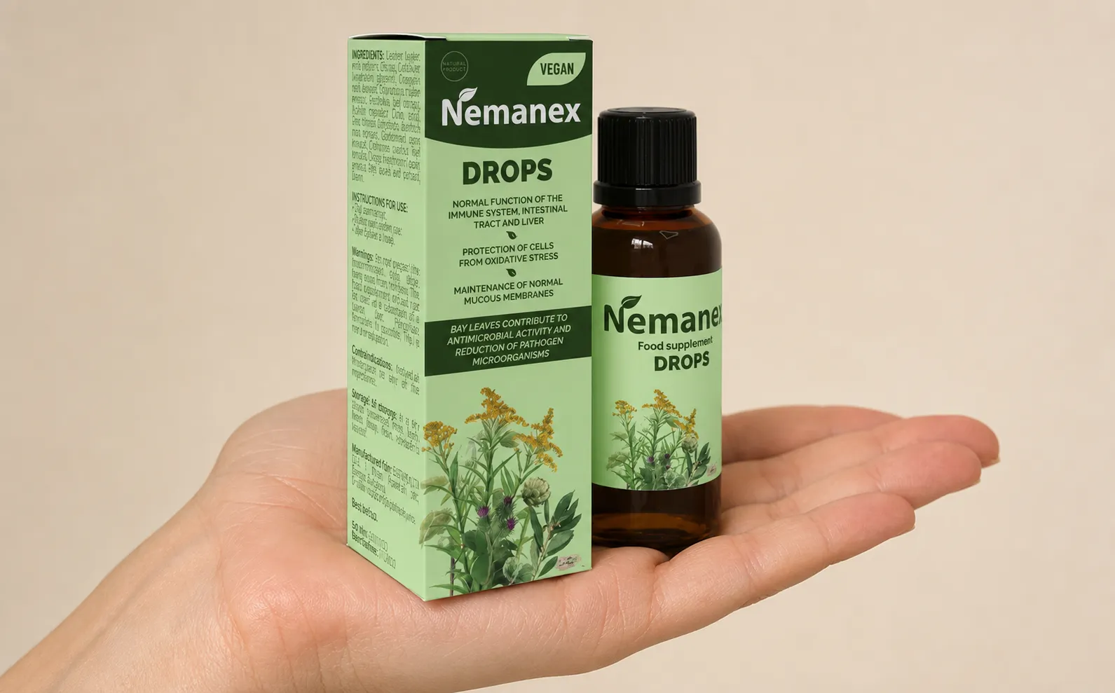 Nemanex Cystitis — opakowanie w dłoni